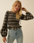 Plaid Flannel Smocked Balloon-Sleeve Top