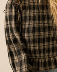Plaid Flannel Smocked Balloon-Sleeve Top