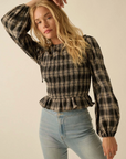 Plaid Flannel Smocked Balloon-Sleeve Top