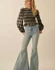 Plaid Flannel Smocked Balloon-Sleeve Top