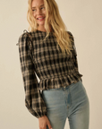 Plaid Flannel Smocked Balloon-Sleeve Top