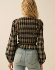Plaid Flannel Smocked Balloon-Sleeve Top