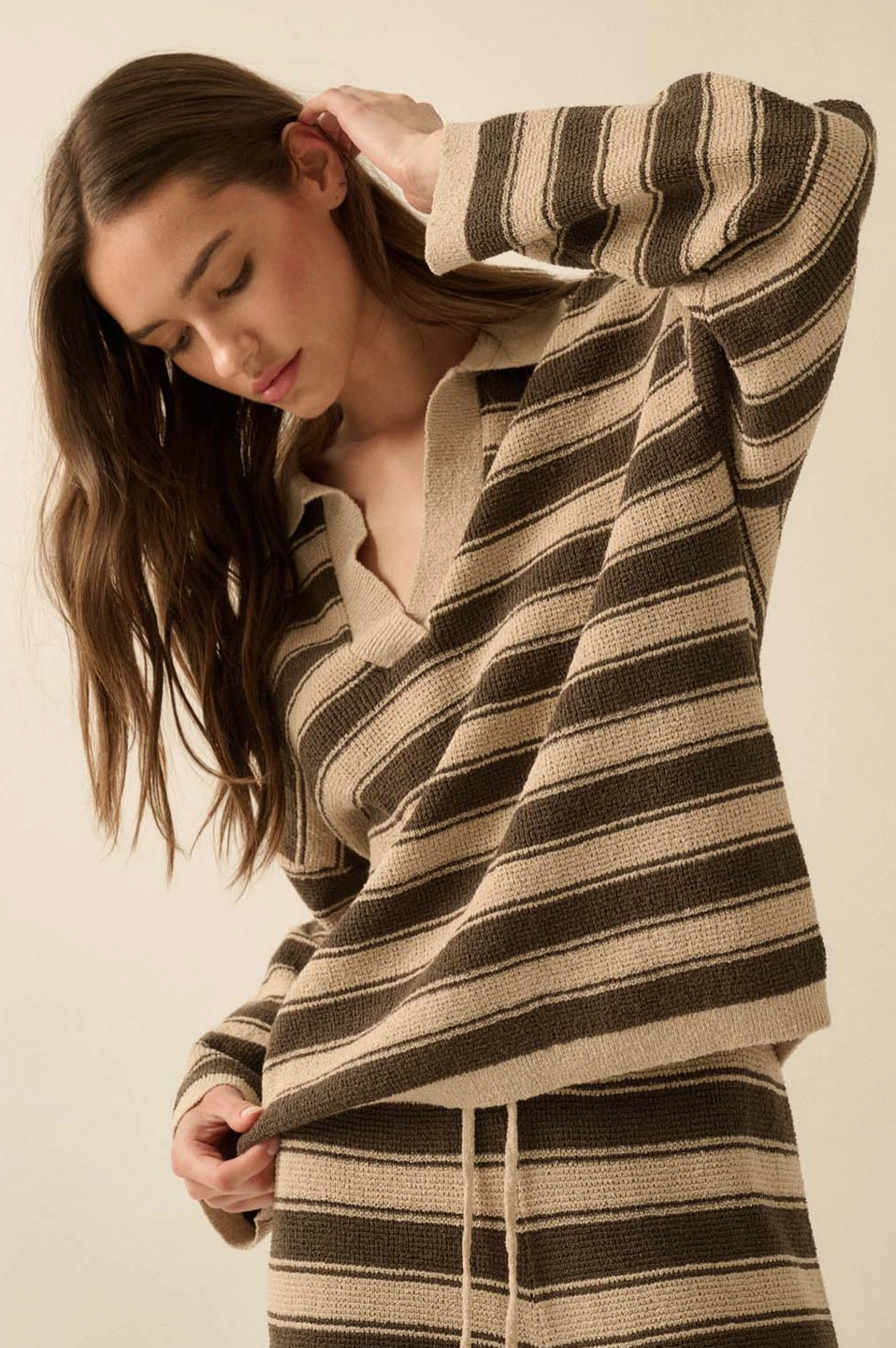 Striped Knit Split-Neck Collared Polo Sweater – Kindred Shop & Studio
