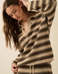 Striped Knit Split-Neck Collared Polo Sweater