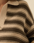 Striped Knit Split-Neck Collared Polo Sweater