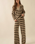 Striped Knit Split-Neck Collared Polo Sweater