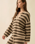 Striped Knit Split-Neck Collared Polo Sweater