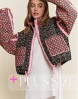 Plus Size Floral Pattern Solid Color Taped Padded Jacket