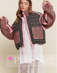 Plus Size Floral Pattern Solid Color Taped Padded Jacket