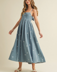 Tied Back Denim Embroidery Midi Dress