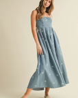 Tied Back Denim Embroidery Midi Dress