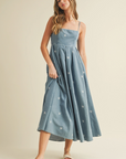 Tied Back Denim Embroidery Midi Dress