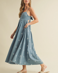 Tied Back Denim Embroidery Midi Dress
