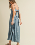 Tied Back Denim Embroidery Midi Dress