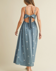 Tied Back Denim Embroidery Midi Dress