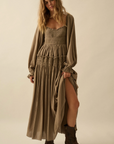 Textured Tonal-Stripe Smocked Maxi Peasant Dress