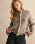 Button Front Lace Trim Knitted Cardigan