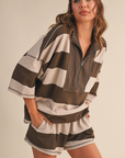 Striped Zip Up Oversized Top + Shorts Set