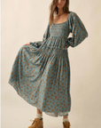 Smocked Floral Bubble-Sleeve Midi Dress