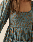 Smocked Floral Bubble-Sleeve Midi Dress