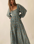 Smocked Floral Bubble-Sleeve Midi Dress