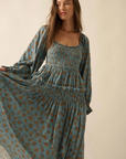 Smocked Floral Bubble-Sleeve Midi Dress