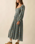 Smocked Floral Bubble-Sleeve Midi Dress