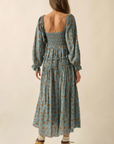 Smocked Floral Bubble-Sleeve Midi Dress