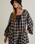 Round Neck Plaid Flannel Romper with Side Pocket