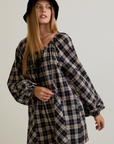 Round Neck Plaid Flannel Romper with Side Pocket