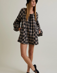 Round Neck Plaid Flannel Romper with Side Pocket