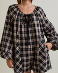 Round Neck Plaid Flannel Romper with Side Pocket