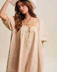 Pre Order Sara Taupe Striped Puff Sleeve Romper