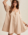 Pre Order Sara Taupe Striped Puff Sleeve Romper