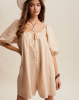 Pre Order Sara Taupe Striped Puff Sleeve Romper