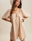 Pre Order Sara Taupe Striped Puff Sleeve Romper