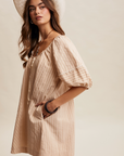 Pre Order Sara Taupe Striped Puff Sleeve Romper
