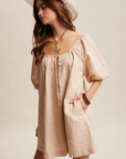 Pre Order Sara Taupe Striped Puff Sleeve Romper