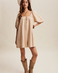 Pre Order Sara Taupe Striped Puff Sleeve Romper