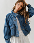 Ballon Sleeve Twill Jacket Drawsting Waist