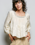 Emma Vintage Washed Floral Lace Trim Top