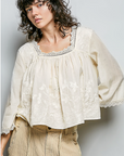 Emma Vintage Washed Floral Lace Trim Top