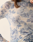 Blue Floral Mesh Mock-Neck Top
