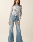 Blue Floral Mesh Mock-Neck Top