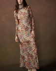 Floral-Print Mesh Long-Sleeve Maxi Dress