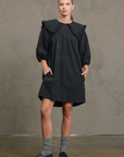 Black Cotton Ruffle Collar Smock Dress