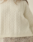 Cable Knit Crewneck Eyelash Lace Layered Hem Sweater
