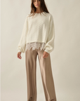 Cable Knit Crewneck Eyelash Lace Layered Hem Sweater