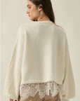 Cable Knit Crewneck Eyelash Lace Layered Hem Sweater