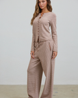 Brown Lounge Striped Button Down Top & Pants Set